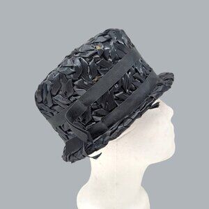 Vintage Black Rattan Hat Cloche Straw